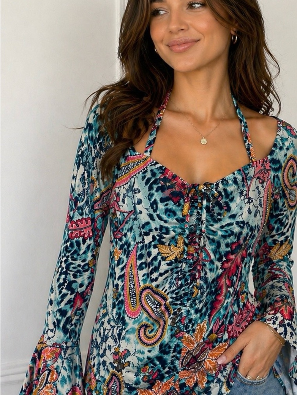VENUS Teal Paisley & Floral Halter Cold-Shoulder Top